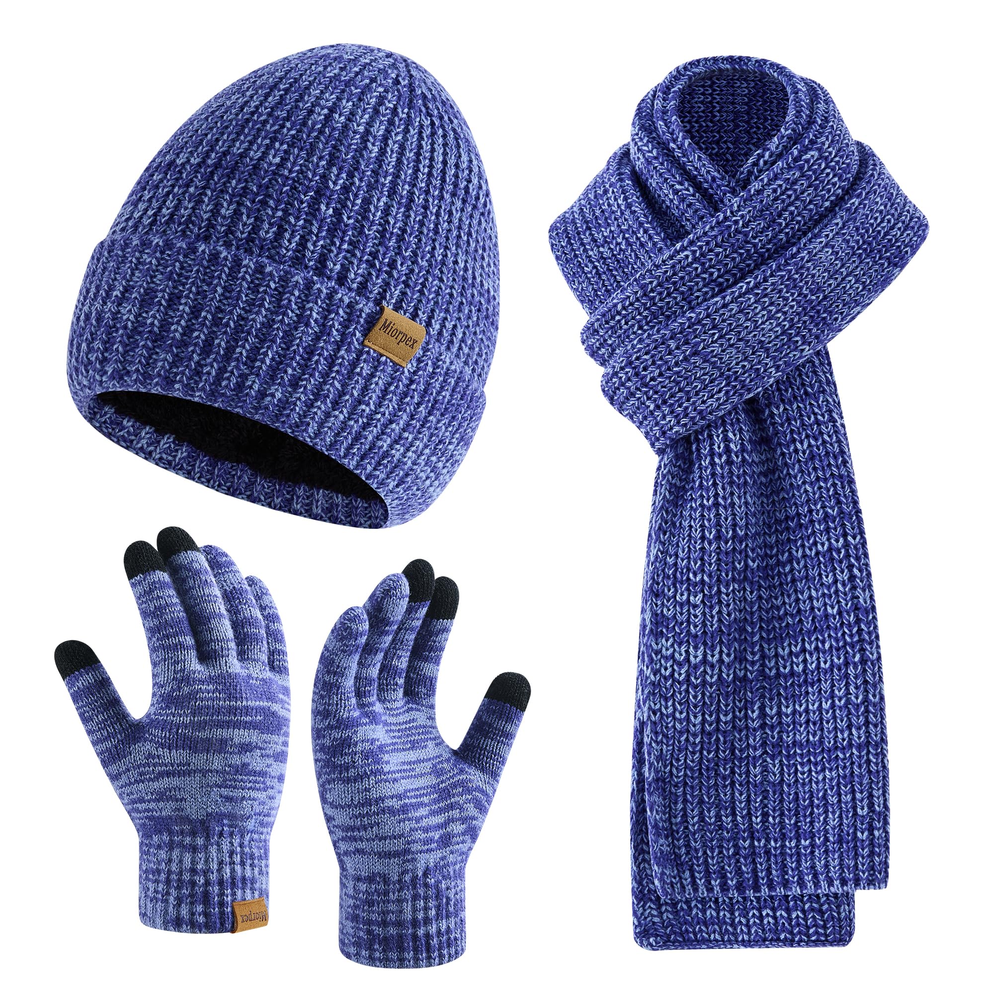 Mens Winter Beanie Hat Touchscreen Gloves Long Scarf 3 Set with Warm Fleece Lined Knit Cap Scarves for Men Women